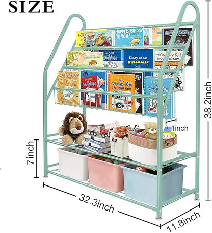 aboxoo Metal Kids Bookshelf Green Freestanding for Children Room 32 in Toy Organizer Book Unit Storage Large Green Stable Bookcase Bookstore Living Room Bed Room Library