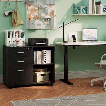 Maxtown Wood Filing Cabinet, Mobile Lateral Filing Cabinet with Lock, 3 Drawer Filing Cabinet with Open Storage Shelves, Printer Stand with Storage, Oak Grain