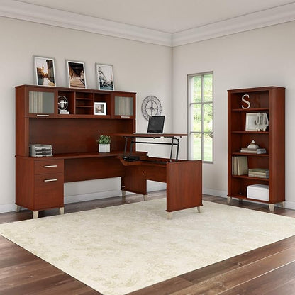 Bush Furniture Somerset 72W 3 Position Sit to Stand L Shaped Desk with Hutch in Mocha Cherry