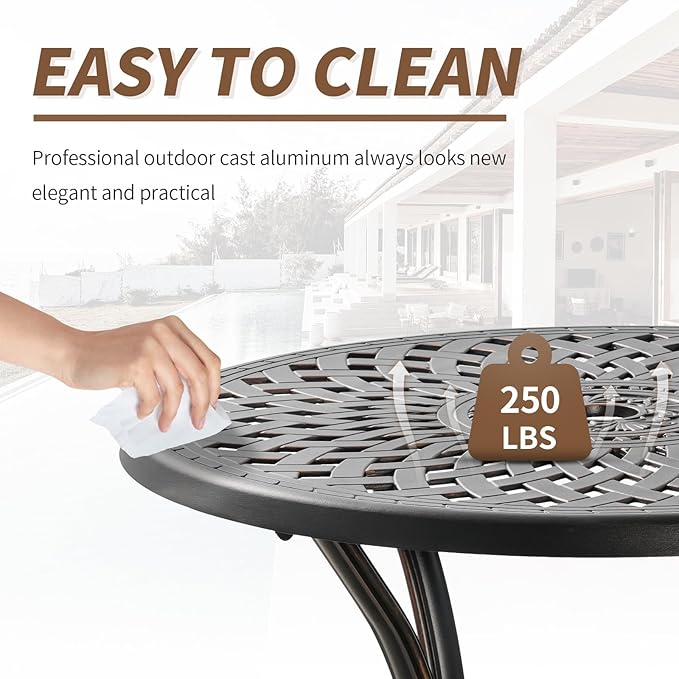 Cast Aluminum Patio Dining Set, Outdoor Bistro Set, 31.5"" Round Patio Table with Umbrella Hole, 2 Patio Chairs for Yard Porch Garden Balcony, Bronze 4