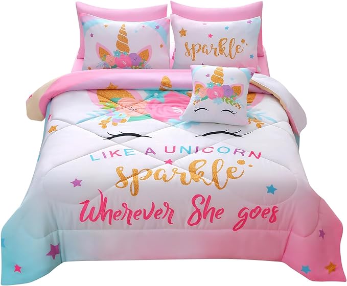 JQinHome Unicorn Full Bedding Sets for Girls Kids,8 Piece Bed in A Bag 3D Colorful Flower Girl Unicorn Comforter Set with Sheet Set(Sparkle)