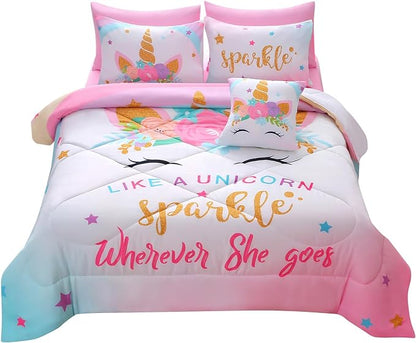 JQinHome Unicorn Full Bedding Sets for Girls Kids,8 Piece Bed in A Bag 3D Colorful Flower Girl Unicorn Comforter Set with Sheet Set(Sparkle)