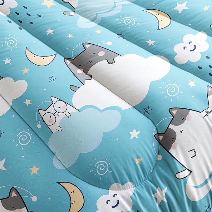 Cat Comforter Full Size,Blue Cloud Cats Comforter Set for Kids Teens Girls Boys,3Pcs Bedding Set Printed Comforter with 2 Pillowcases,Down Alternative,Soft and Lightweight，Full Size
