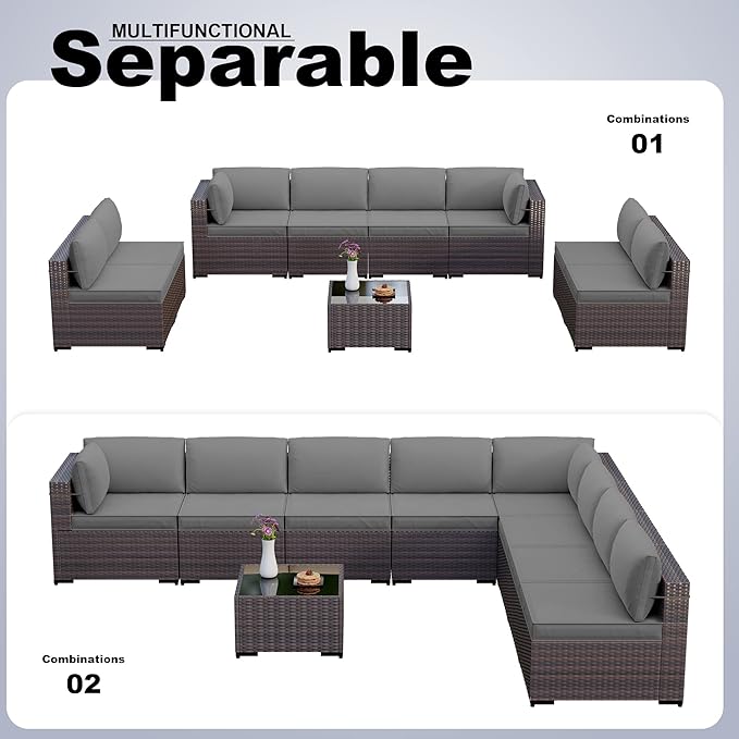 Kullavik 9PCS Outdoor Patio Furniture Set PE Wicker Rattan Sectional Sofa Patio Conversation Sets,Grey