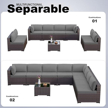 Kullavik 9PCS Outdoor Patio Furniture Set PE Wicker Rattan Sectional Sofa Patio Conversation Sets,Grey