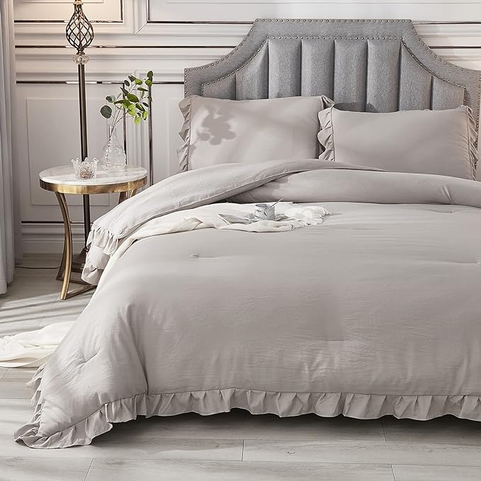 Andency Wheat Ruffle Comforter Full(79x90Inch), 3 Pieces(1 Ruffled Comforter and 2 Pillowcases) Vintage Ruffle Fringe Comforter, Farmhouse Rustic Microfiber Down Alternative Bedding Comforter Set