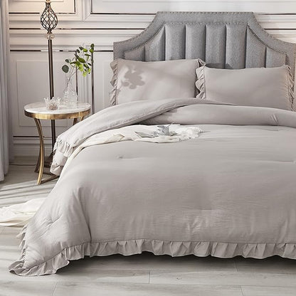 Andency Wheat Ruffle Comforter Queen(90x90Inch), 3 Pieces(1 Ruffled Comforter and 2 Pillowcases) Vintage Ruffle Fringe Comforter, Farmhouse Rustic Microfiber Down Alternative Bedding Comforter Set