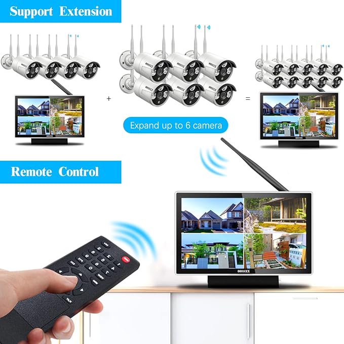 (All-in-One Monitor) 2-Antennas Enchance Outdoor Security Camera System Wireless with Monitor WiFi Home Surveillance System 3.0MP Video Surveillance