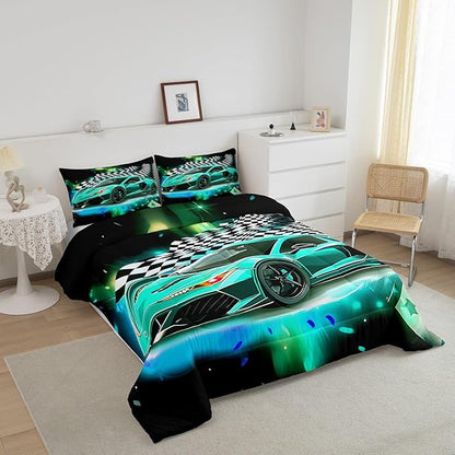 Teal Race Car Comforter Set King Size, Black White Lattice Bedding Set 2pcs for Kids Boys Teens Room Decor,Extreme Sport Games Quilt Set,Cool Modern Duvet Insert with 2 Pillowcases