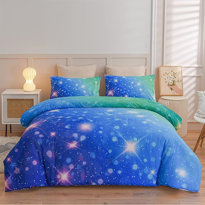 Holawakaka Kids Space Star Glitter Comforter Set Ombre Blue & Green Print Gradient Bedding Set Twin Size(Blue Green, Twin)