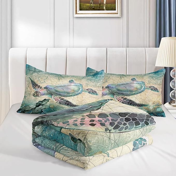 CVHOUSE Sea Turtle Comforter Set,Ocean Sea Turtle Bedding Set for Kids Teens,Ocean Sea Turtle Comforter Sea Turtle Duvet Set Room Decor Quilt Set Twin Size