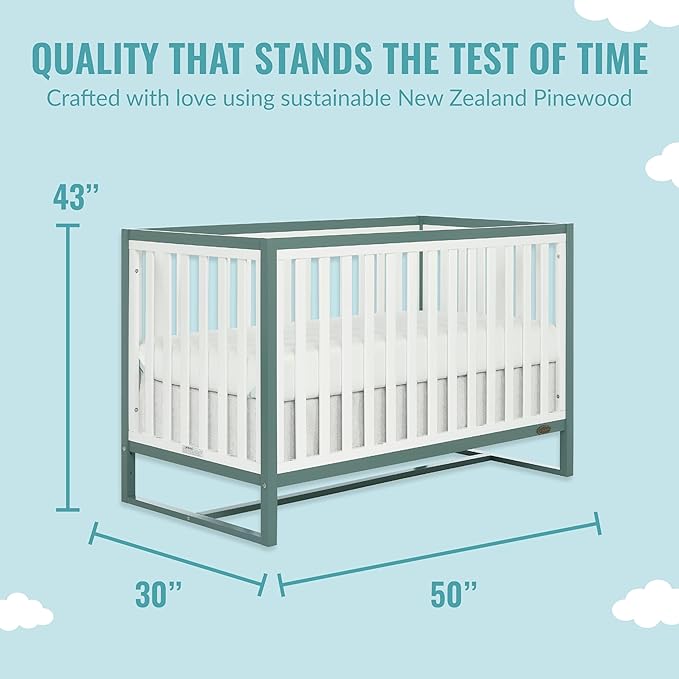 Arlo 5-in-1 Convertible Crib in Jungle Green, JPMA Certified, 3 Mattress Height Settings, Non-Toxic Finish, Made of Sustainable and Sturdy Pinewood