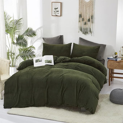 Dark Green Velvet Comforter Set Full Army Green Flannel Velvet Bedding Comforter Set All Deep Green 3 PCs Shaggy Soft Warm and Durable Flannel Blanket Full Women Green Velvet Bedding Set