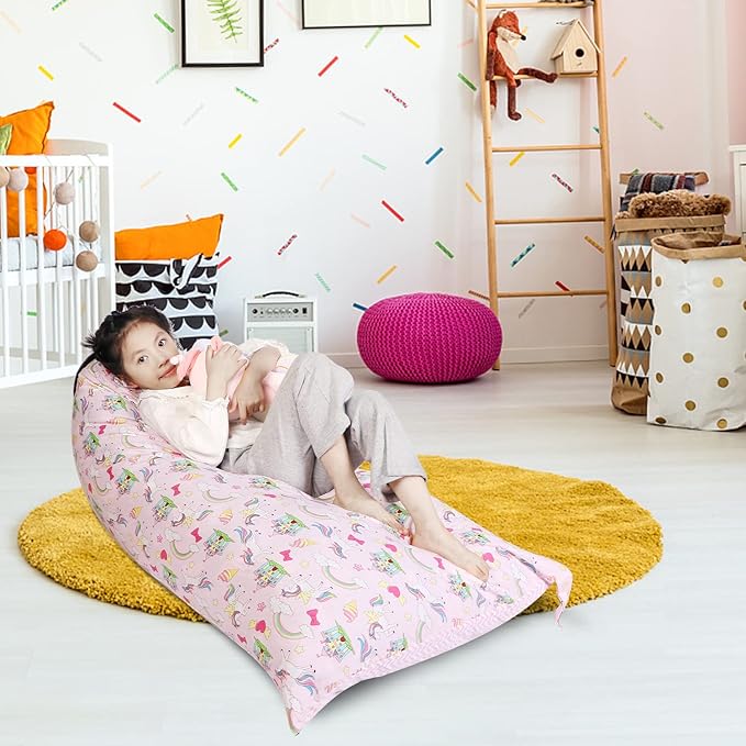 Stuffed Animal Storage Bean Bag Chair Cover, Cotton Pink Unicorn Rainbow Plush Toy Storage Stuff and Sit Seat for Kids/Teens/Adults, 52" x 31" Extra Large Triangle Sofa, 200L/52Gal, Cover Only