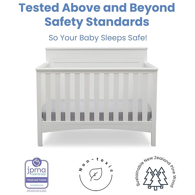 Delta Children Fancy 4-in-1 Crib, Bianca + Serta Perfect Slumber Dual Sided Recycled Fiber Core Crib and Toddler Mattress (Bundle)
