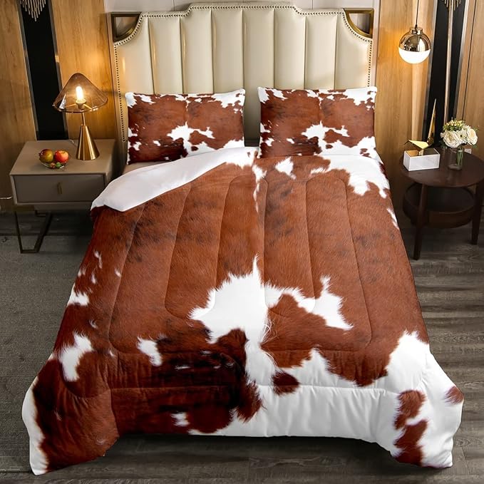 Erosebridal Cow Print Bedding Set King, Brown White Cowhide Comforter Set, Farmhouse Animal Hair Bedding Set for Kids Teens Adult Milk Western Cowboy Rustic Duvet Set Home Room Decor