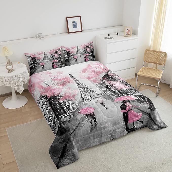 Paris Comforter Set French Eiffel Tower Bedding Sets King For Girls Kids Women Paris Themed Bedroom Decor Watercolor Cherry Blossoms Comforter Couple Retro Gray Building Quilted Duvet Pink Grey 3 Pcs