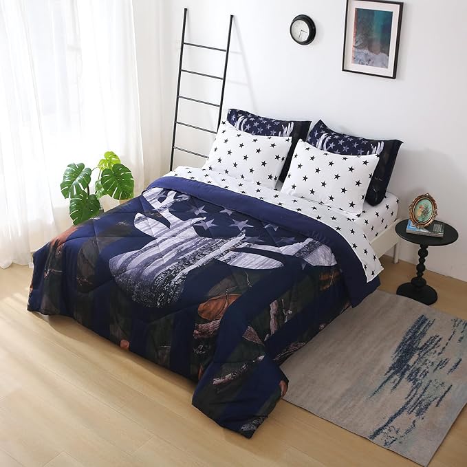 Camo Deer Comforter Set Twin Size 7 Piece Bed in A Bag Camouflage American Flag Bedding Set for Boys Kids Teens Men Super Soft All Season