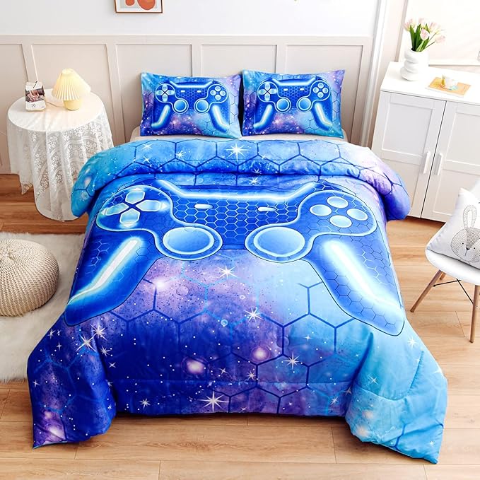 NTBED Game Console Comforter Set for Boys Girls Kids 3D Gaming Geometric Lightweight Microfiber Bedding Sets (Blue Purple, Queen)