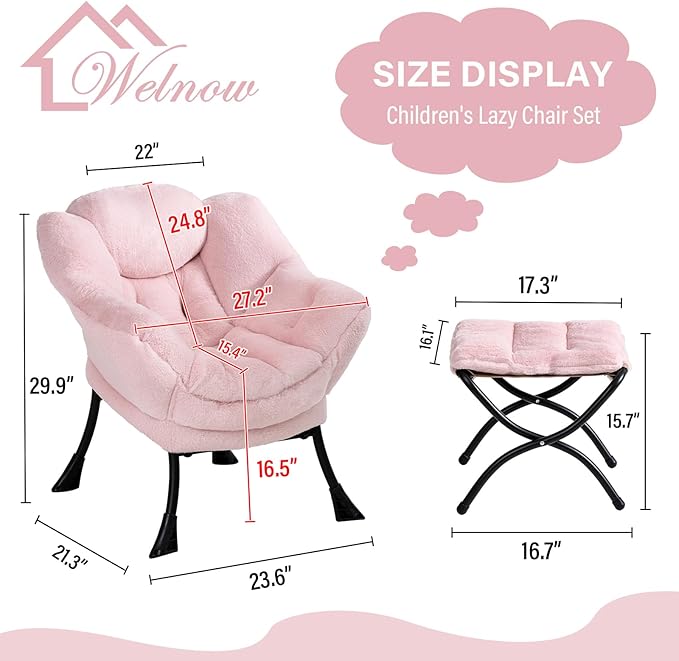 Welnow Toddler Kids Lazy Chair with Ottoman, Accent Comfy Lounge Children Armchair Couch with Armrest and Removable Cover, Detachable Reading Chair with Footrest for Boy or Girl, Plush Pink