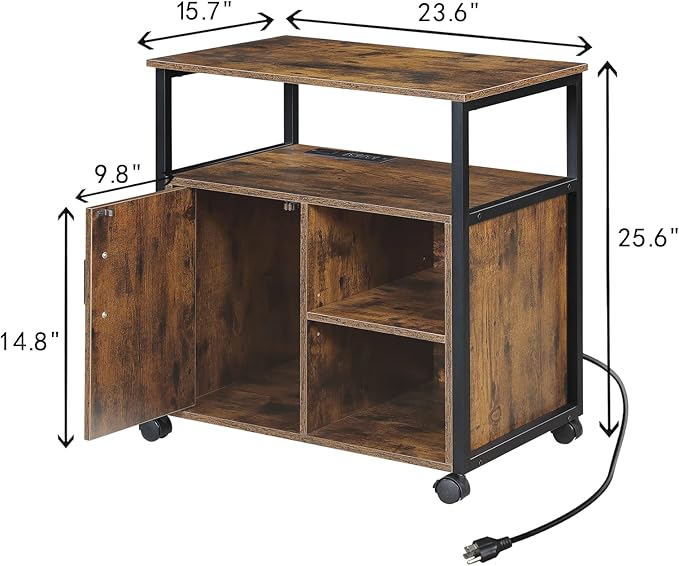 Lateral File Cabinet,Office Filing Cabinets with Socket and USB Charging Port,Modern Rolling Printer Stand with Storage for A4, Letter Size and File Folders,for home office, Rustic Brown