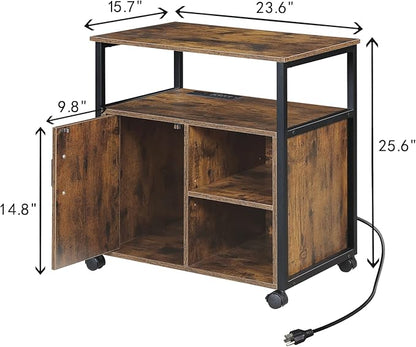 Lateral File Cabinet,Office Filing Cabinets with Socket and USB Charging Port,Modern Rolling Printer Stand with Storage for A4, Letter Size and File Folders,for home office, Rustic Brown