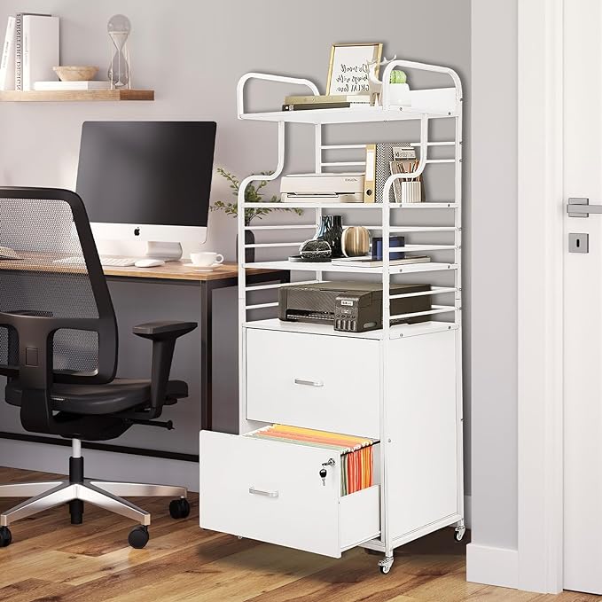 Vertical File Cabinet, 2 Drawer Mobile Filing Cabinet with 3 Bookshelf, Printer Stand with Open Storage Shelves Fits A4/Letter/Legal Size File Cabinets for Home Office Organizer, White