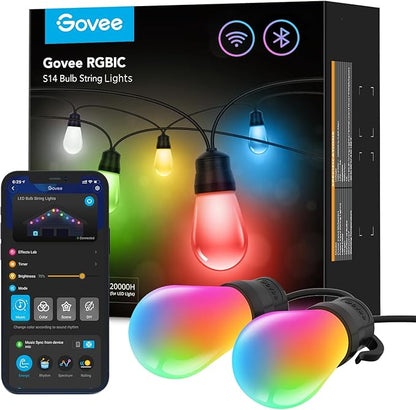 Govee Smart Outdoor String Lights H7020, RGBIC Warm White 48ft LED Bulbs for Halloween Decorations, Christmas, WiFi Patio Lights Work with Alexa, Google Assistant, APP Control, IP65 Waterproof
