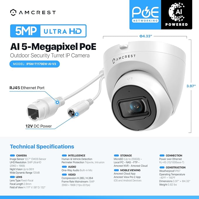 Amcrest 5MP Turret POE Camera, UltraHD Outdoor IP Camera POE with Mic/Audio, 5-Megapixel Security Surveillance Cameras, 98ft NightVision, 132° FOV, MicroSD (256GB), (IP5M-T1179EW-AI-V3)