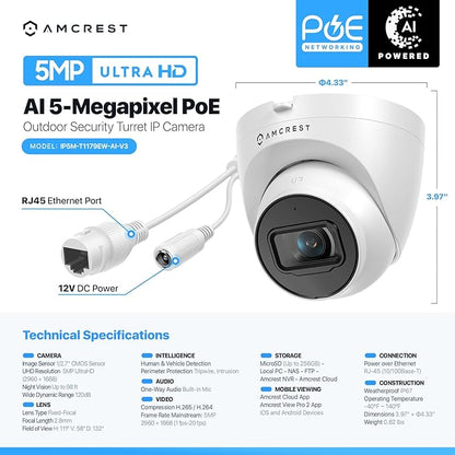 Amcrest 5MP Turret POE Camera, UltraHD Outdoor IP Camera POE with Mic/Audio, 5-Megapixel Security Surveillance Cameras, 98ft NightVision, 132° FOV, MicroSD (256GB), (IP5M-T1179EW-AI-V3)