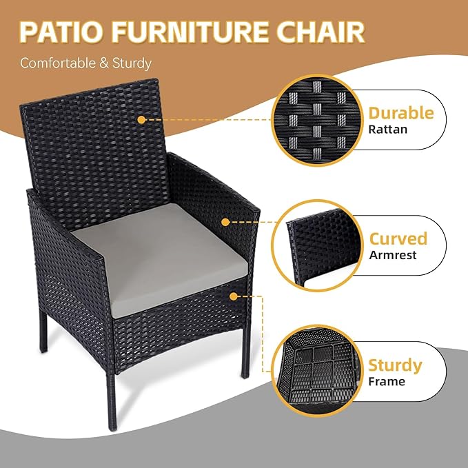 Patio Furniture Set 3 Pieces All-Weather Rattan Outdoor Furniture Patio Chairs with Tempered Glass Table for Porch Bistro Balcony Bistro Set(Black/Grey-3)