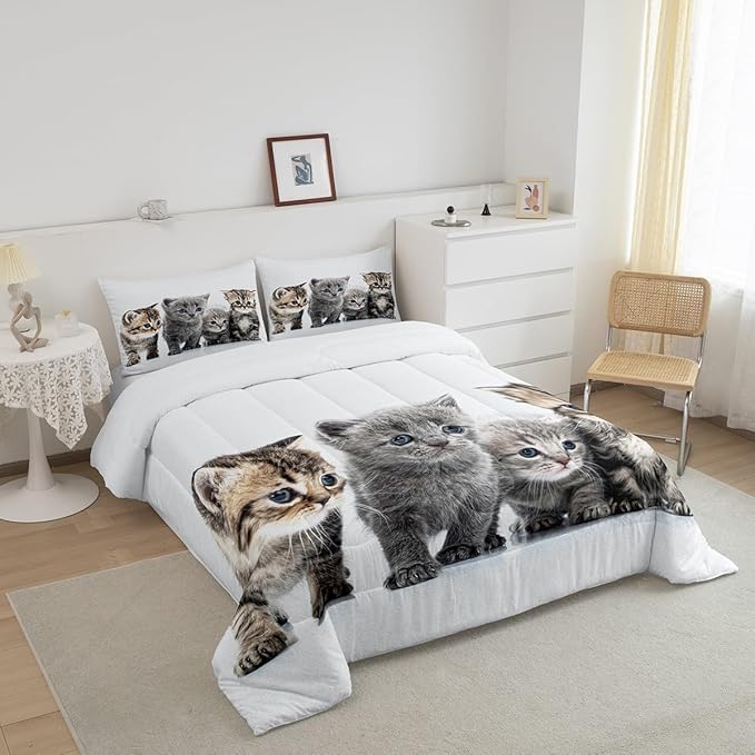 Little Cat Bedding Set Lovely Pet Cats Comforter Cat Lover's Animal Themed Design Comforter Set for Boys Girls Kids Room Decor Cute Kitten Print Duvet Set Full Size with 2 Pillow Case