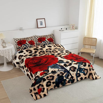 Rose Flower Comforter Set for Teens Adult Women Wedding Gift, Leopard Print Bedding Set Twin Size, Valentine's Day Cheetah Duvet Sets Leopard Animal Skin Down Comforter for Bedroom Decor, Brown