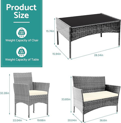 Patio Furniture, 4 Piece Conversation Set, Outdoor Wicker Rattan Table and Chairs, Sectional Sofa with Thick Cushion for Garden, Yard, or Porch, Grey