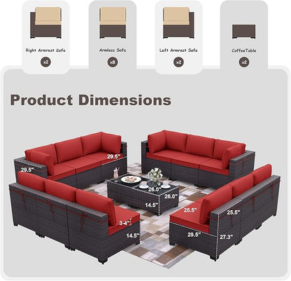 Patio Furniture Set 14-Pieces Outdoor Furniture for Backyard Wicker Sectional Sofa Set, Rattan Patio Conversation Set with Thickened Cushions and Glass Coffee Table, Red