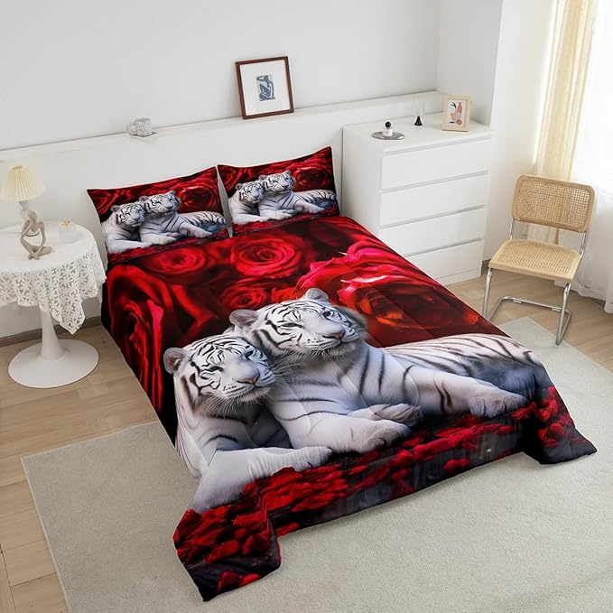 Tiger Comforter Set Full, Red Rose Down Comforter Kids Girls Women,Red Image of Large Cat Playing with Water Cool Nature Animal Quilted Duvet Insert Gorgeous Floral Flower Bedding Comforters,Brown