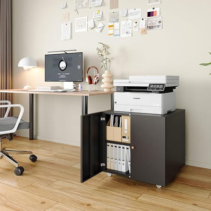 Mobile Mobile Printer Stand with Storage, Lateral Filing Cabinet with Adjustable Shelf, Under Desk Black Small Rolling Printer Table Work Cart with Wheels Organizer Spaces for Office