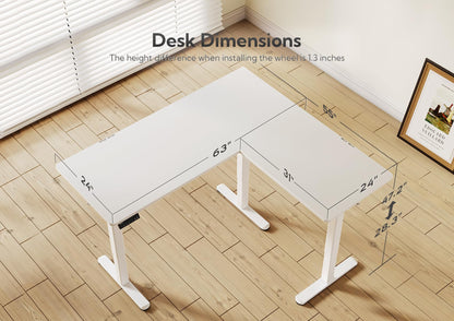 Claiks L Shaped Standing Desk Adjustable Height, Dual Motor Electric Corner Standing Desk, 63x55 inch Sit Stand up Desk with Splice Board, White