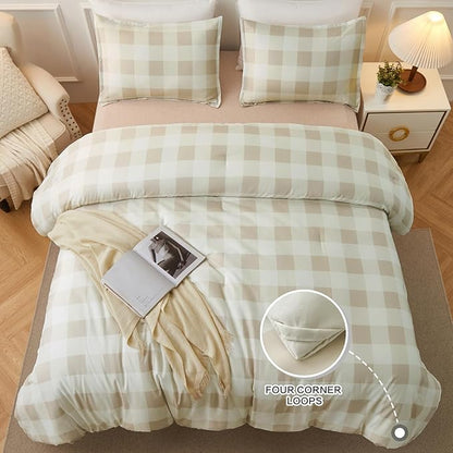 Andency Beige Grid Comforter Set Twin Size (66x90 Inch), 2 Pieces(1 Grid Comforter and 1 Pillowcase), Summer Lightweight Microfiber Down Alternative Beige Comforter for Kids Girls