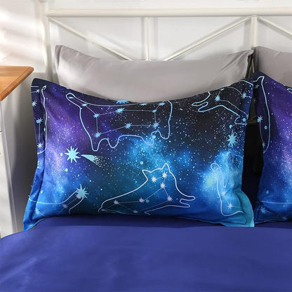Wowelife 5 Piece Galaxy Space Cat Bedding Comforter Set Queen Constellation Bedding Set Blue Kids Bedding Set Bed in a Bag for Boys and Girls with Comforter, Flat Sheet, Fitted Sheet and 2 Pillowcases