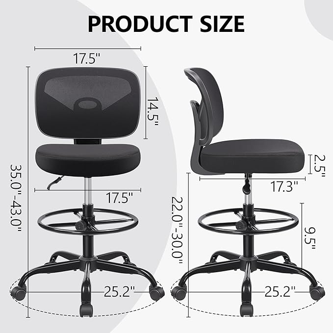 Primy Office Drafting Chair Armless, Tall Office Desk Chair Adjustable Height and Footring, Mid-back Ergonomic Standing Desk Chair Mesh Rolling Tall Chair for Art Room, Office or Home(Black)