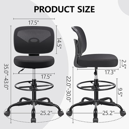 Primy Office Drafting Chair Armless, Tall Office Desk Chair Adjustable Height and Footring, Mid-back Ergonomic Standing Desk Chair Mesh Rolling Tall Chair for Art Room, Office or Home(Black)