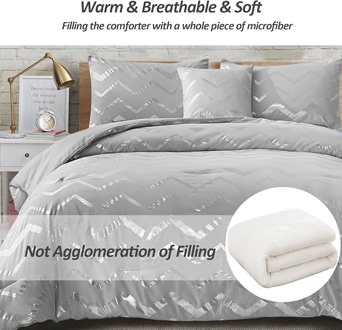 Grey and Silver Comforter Set Queen Metallic Print Geometric Bedding Set, 4 Pieces Lightweight Microfiber Bed Set for Teen Kids Boys (2 Pillow Shams + 1 Decorative Pillow Sham)
