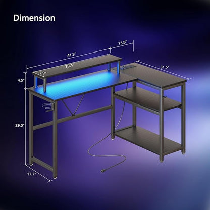 L Shaped Gaming Desk with Power Outlets & LED Strip Lights,Computer desk with Large Monitor Stand,Corner Desk with Storage Shelf,Headphone Hook&Cup Holder for Home Office