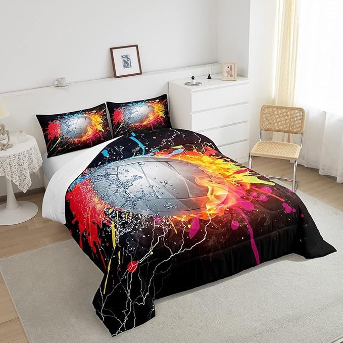 Erosebridal Kids Volleyball Comforter Set for Teen Girls Boys Volleyball Bedding Set Twin Grunge Hippie Tie Dye Bedding Comforter Red Blue Fire Water Lightning Quilt Duvet Insert 1 Pillow Case