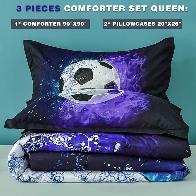 Andency 3D Soccer Comforter Queen(90x90 Inch), 3 Pieces(1 Soccer Comforter, 2 Pillowcases) Blue Flame Soccer Comforter Sport Microfiber Bedding Set for Boy Girl Kids Teens