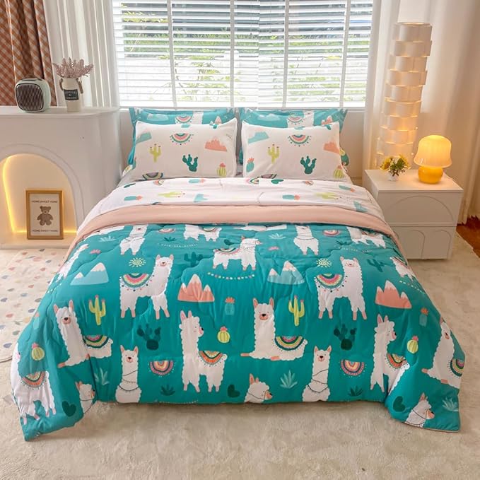 Wajade Kids Cute Llama Comforter Set Bed in A Bag Full Size 7 Piece Green Alpaca Tropical Plant Bedding Set for Girls Boys (1 Comforter, 1 Flat Sheet, 1 Fitted Sheet, 2 Pillowcase and 2 Pillow Sham)