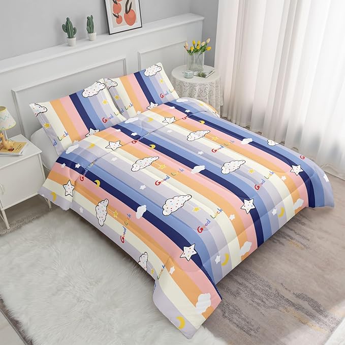 Datura home Cloud Stylish Comforter Bedding Set for Kids Children,Boys and Girls coulorful Stripe with Dot Cute Sky Bedding Set with 1 Comforter and 2 Pillowcases(Cloud Twin)