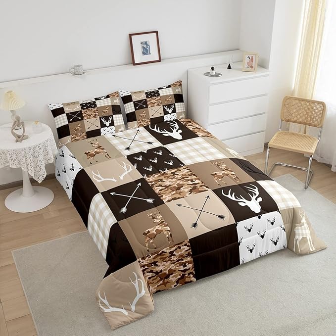 Antler Silhouette Kids Comforter Set Queen Size,Camo Brown Rustic Bedding Set,Girls Boys Adults Bedroom/Xmas Decor,Geometric Plaid Patchwork Down Comforter,Arrows Boho Duvet Insert,3pcs,2 Pillowcases
