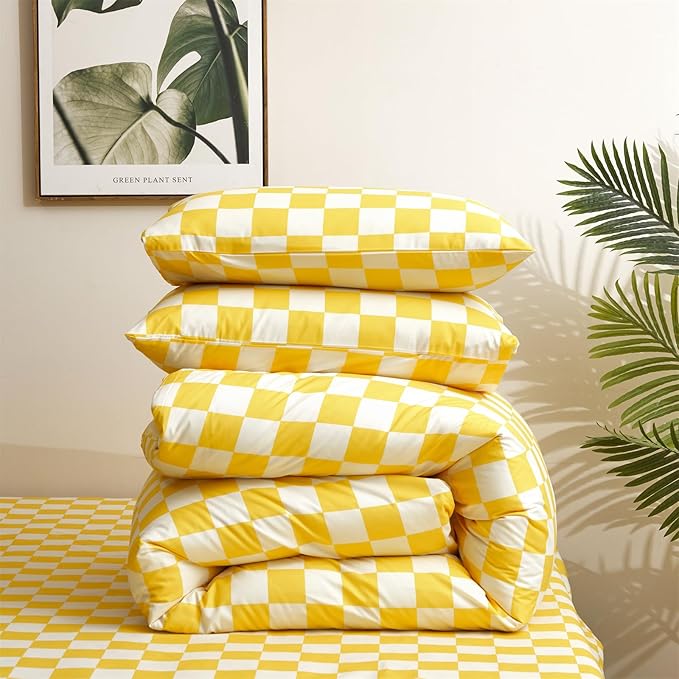 Yellow White Grid Comforter Set Twin Yellow Plaid Bedding Set Girls Yellow and White Checkered Bed Comforter Set Breathable Blanket Set Kids Durable Bedding Comforter Set